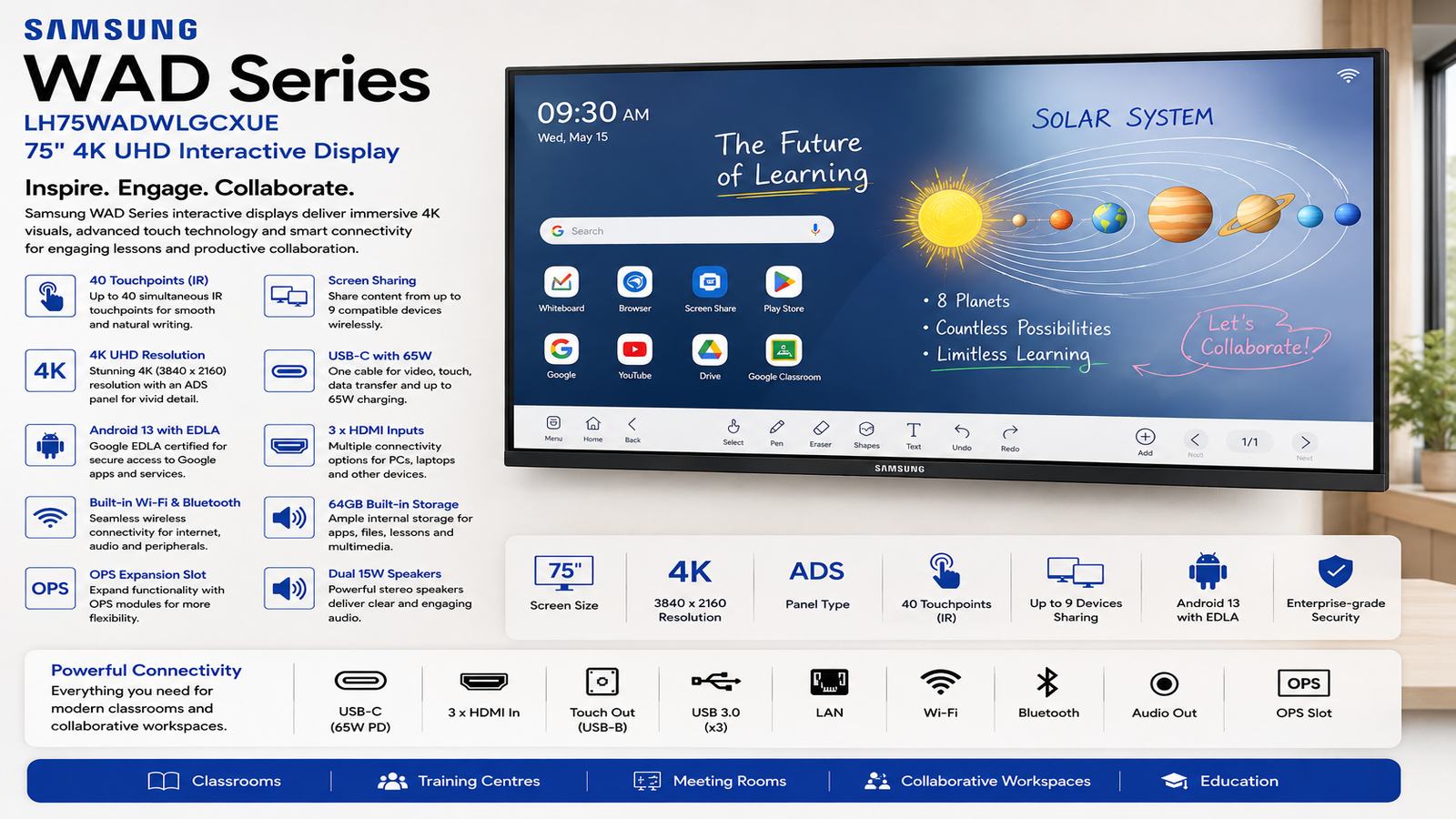 Samsung WAD Series LH75WADWLGCXUE, Samsung 75-Inch 4K UHD Interactive Display, ADS Panel, 3840x2160 Resolution, 60Hz, 40-Point IR Multi-Touch, Android 13, EDLA Certified, USB-C 65W, 3 HDMI, Wi-Fi, Bluetooth, 64GB Storage, Space Gray | LH75WADWLGCXUE